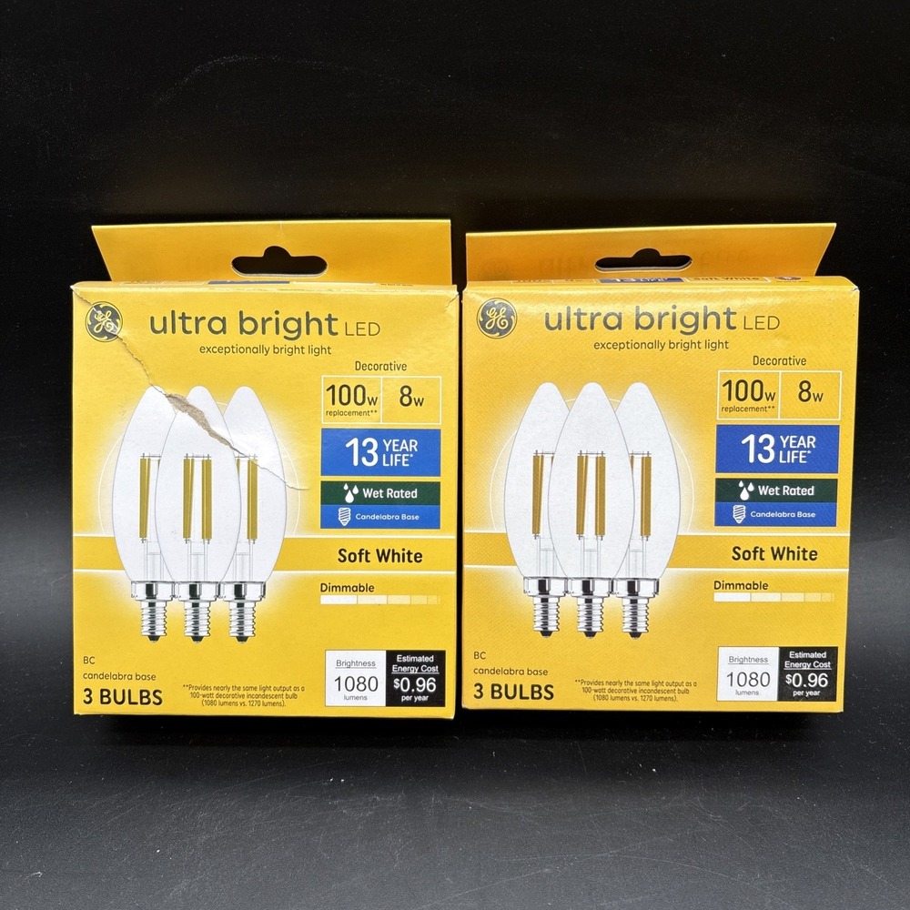 GE ULTRA BRIGHT LED DECORATIVE BC CANDELABRA 2700K SOFT WHITE 2 PACK 6 BULBS NEW